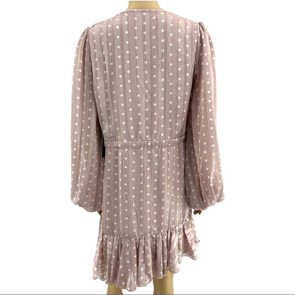 Lulus (L) Spotlight Moment Mauve Pastel Pink Polka Dot Chiffon Ruffle Mini Dress - Picture 5 of 9